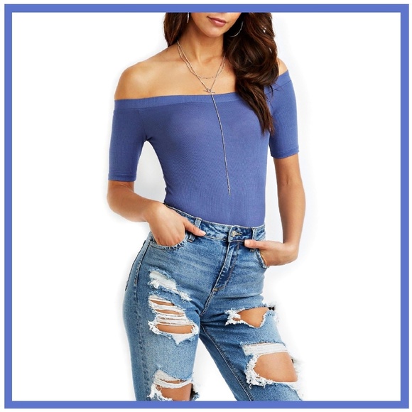 Ambiance Tops - Denim Blue Off Shoulder Bodysuit